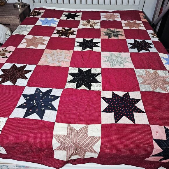 Handmade Patchwork Quilt Top ONLY 85x74 Red Eight Point Lone Star Blocks Calico - Picture 4 of 11